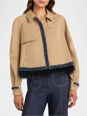 Cinq a Sept Carmila Embellished Feather-Trim Swing Jacket $ 695 New without tag